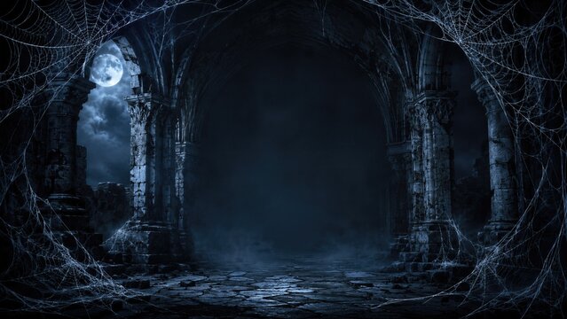 Dark gothic castle interior with spider webs and full moon shining through window. Creepy abandoned ruins with stone columns and fog.