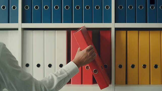 A person picking a red office ring binder from a shelf filled with colorful folders in a business environment for document management