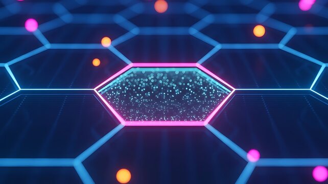 Abstract digital background, with glowing blue, hexagonal grid and, a central pink, illuminated hexagon filled, with floating particles, and data