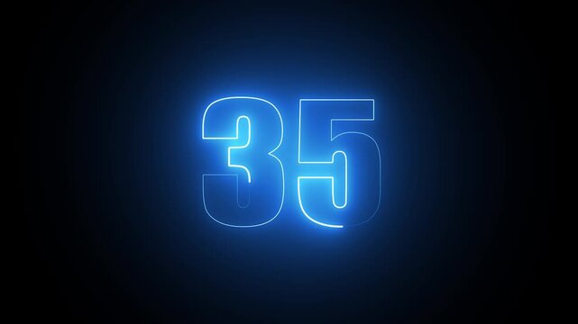 Number thirty five with glowing blue neon light effect on dark background