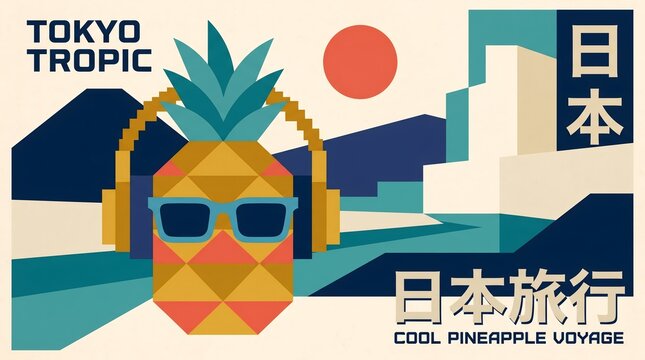 Retro geometric pineapple wearing headphones and sunglasses, Tokyo Japan summer travel poster, vacation tourism concept
