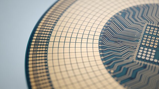 Circular semiconductor silicon wafer with microchip processor circuitry pattern
