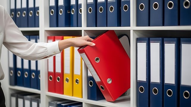 Close up of a person reaching for a red document binder on a shelf filled with organized office files and various colorful storage folders