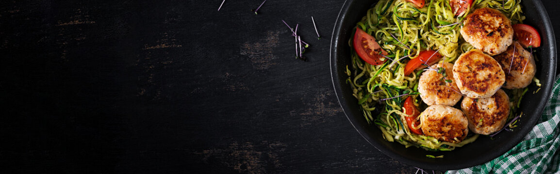 Zucchini spaghetti pasta  with chicken meatballs in pan. Top view. Banner