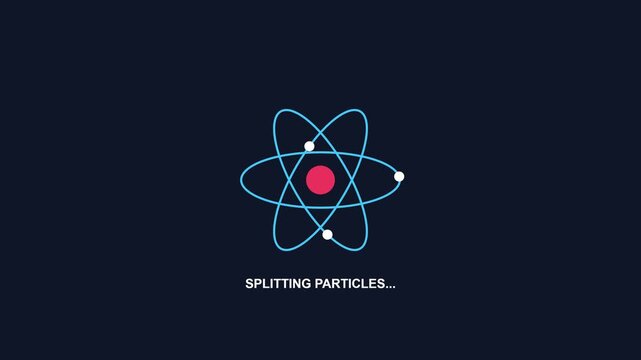 Animated loading screen with spinning atom and particle splitting text