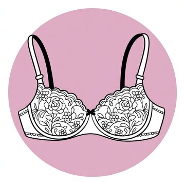 Black and white line art illustration of a floral lace bra isolated on a pink circle background