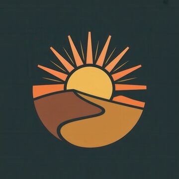 Minimalist circular logo design featuring a stylized sun rising over desert sand dunes