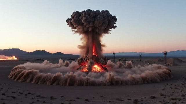 Stunning Visuals of Controlled Explosive Test: The Sequence from Ignition to Massive Smoke Cloud Erupting in a Desert Landscape, Showcasing Precision and Power