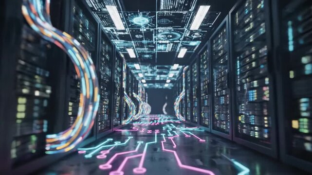 A Dynamic View of a Futuristic Data Center Corridor Highlighted by Neon Circuit Patterns along Server Racks and High-Tech Lighting Effects
