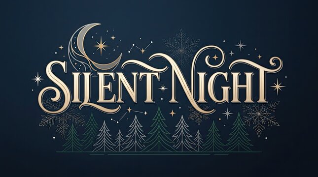 Elegant calligraphy of silent night with a starry night and crescent moon background