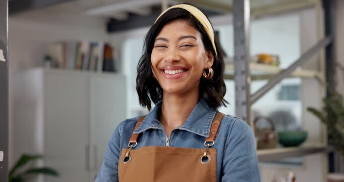 Pottery, face and woman in workshop with smile, clay artist and about us in creative industry. Portrait, happy and artisan with confidence, craftsman career and pride as handmade ceramic designer.
