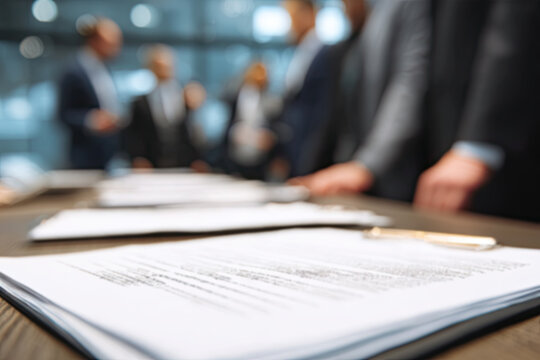 Businessmen review procedures through documents containing checkbox lists, rules of conduct concepts, rules and policies, company regulatory documents, terms and conditions. 