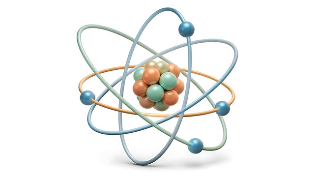 3D illustration of a colorful atom structure with orbiting electrons and central nucleus.