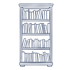Hand drawn line art illustration of a tall bookcase filled with books isolated on a transparent background, perfect for library, education, and reading concepts. © Atheefa