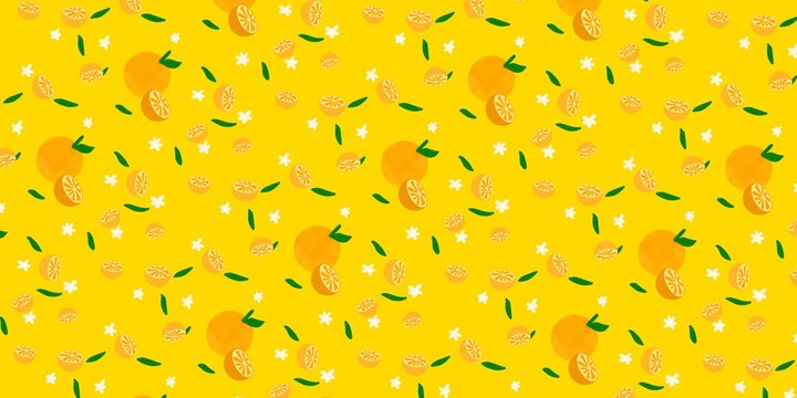 Seamless pattern illustration of orange fruit slices in flat design style isolated yellow background. cartoon doodle style for fabric, picture label, wallpaper, banner, poster.