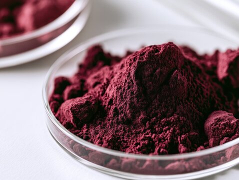 Close up of maroon powder piled in glass petri dish on white background