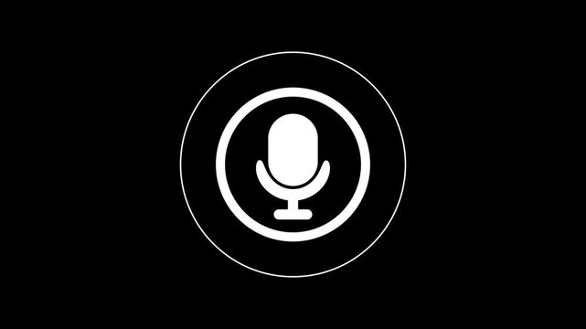 A clean white microphone is centered within a white circular outline against a stark black background, representing audio recording or voice input. Keywords: microphone, symbol, audio, recording