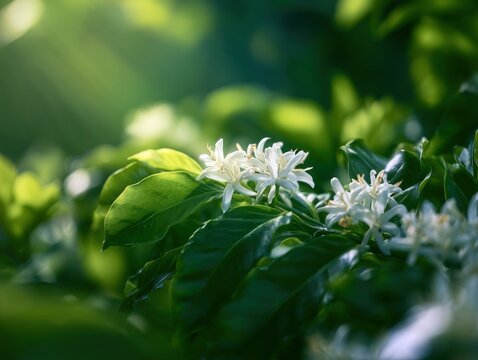 Close up of delicate white coffee blossoms on lush green leaves with soft sunlight