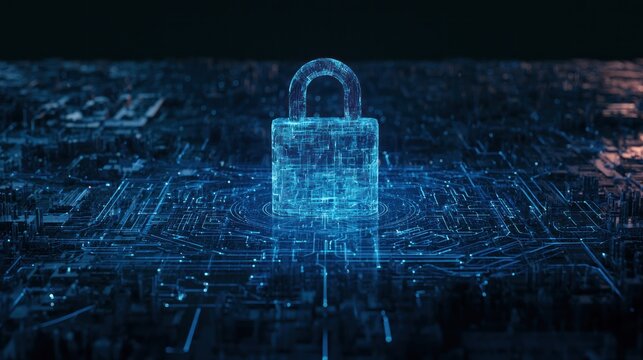 Digital padlock on glowing blue circuit board cybersecurity and data protection concept
