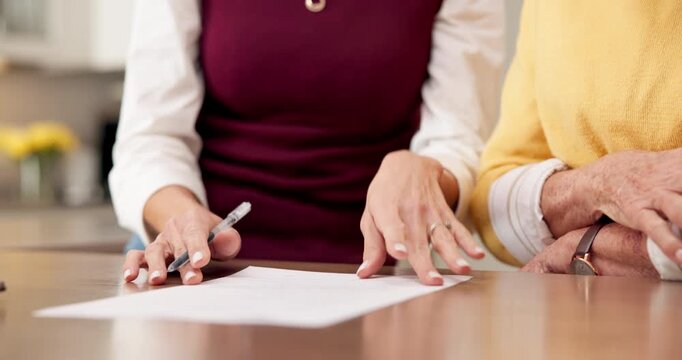 Writing, hands or woman with documents for retirement plan, registration or will together. Insurance, senior or adult daughter signing with paper, form or legal agreement for asset management in home
