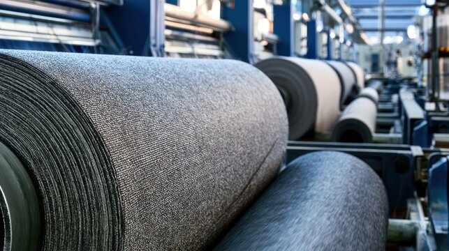 Industrial fabric rolls on a production line close up view in a factory setting
