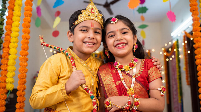 Children dressed as Rama and Sita celebrating Diwali, adorned in traditional attire with decorative garlands and colorful decorations in the background