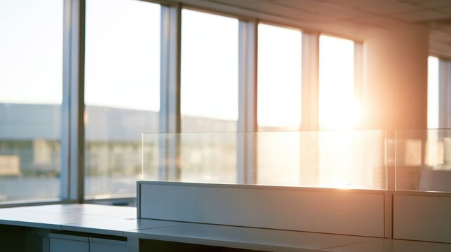 Modern office cubicles with sunlight streaming through large windows