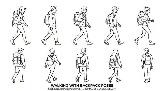 Set of minimalist line art figures walking with backpacks from side and rear perspectives.