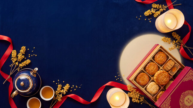 Mid-Autumn Festival celebration with mooncakes, tea set, and decorative elements on a blue background, featuring candles and flowers