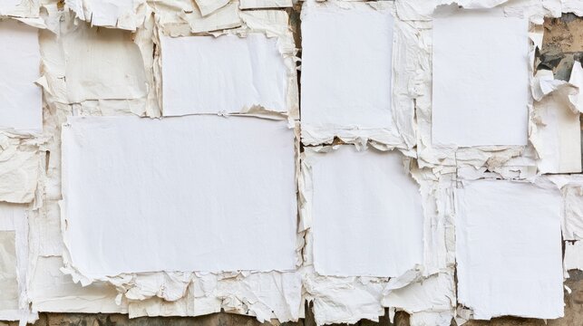Torn white papers layered on a textured wall