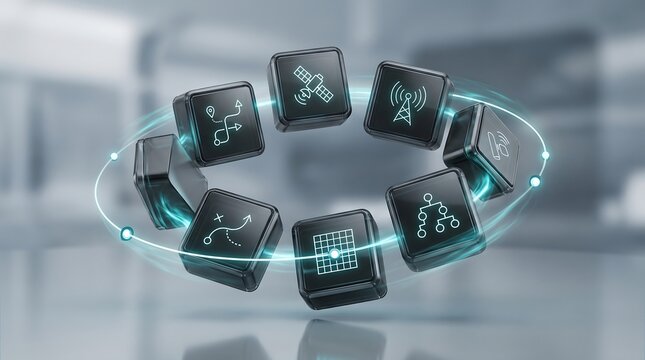 Floating black glossy cubes with glowing blue telecommunications and data network icons in circular formation representing digital connectivity and global communication 3d render
