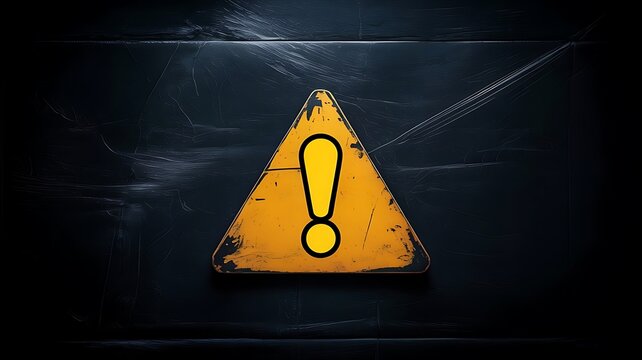 Grunge style yellow warning sign with a black exclamation mark on a dark, scratched, and textured background, representing caution and danger