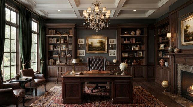 Classic home office interior with dark wood paneling and a luxurious leather executive chair