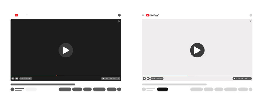 Youtube video player template watch page interface mockup, multimedia player screen with playback controls in dark and light mode design, ui vector illustration