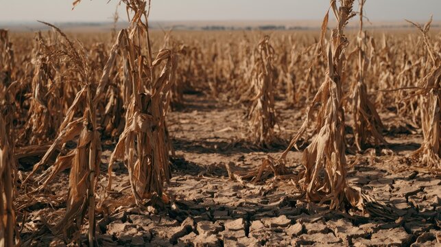 Dry cracked earth and withered corn stalks in a drought stricken field