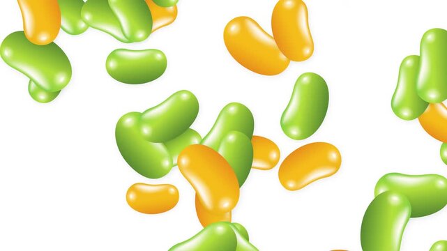 Colorful Green and Orange Jelly Beans Falling Against White Background
