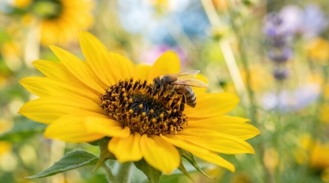 A honey bee collecting nectar from a bright yellow sunflower in a sunny summer garden meadow