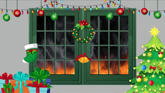 Animated Christmas Scene with Fire and Smoke Behind a Window
