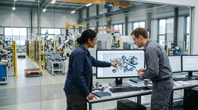 Two engineers review 3D CAD model on computer screen in modern factory with automated robots
