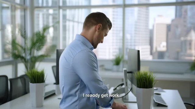 Professional Man in Office Setting Preparing for Work: Capturing the Essence of Motivation and Determination in a Modern Workplace Environment