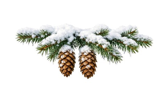 Snow covered pine branch with hanging pine cones on white