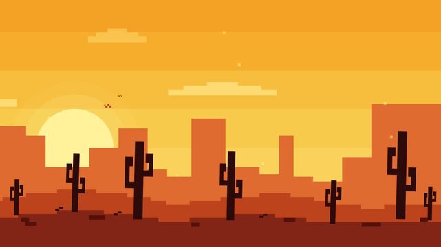 Pixel art desert landscape with cactus silhouette during golden hour sunset