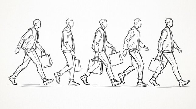 A sequence of line art sketches showing a man walking while carrying shopping bags.
