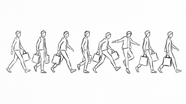 A sequence of line art illustrations showing a man walking while carrying shopping bags.