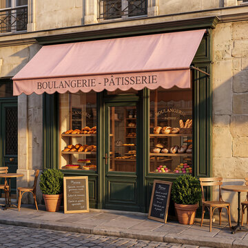 Elegant French boulangerie patisserie storefront with pink scalloped awning dark green wooden facade and cozy bistro tables.