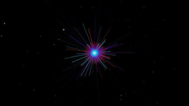 Abstract neon light burst with glowing radial particles and space motion background