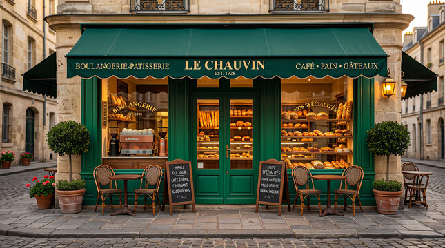 Classic Parisian bakery storefront named Le Chauvin with dark green facade striped awning and outdoor bistro seating.