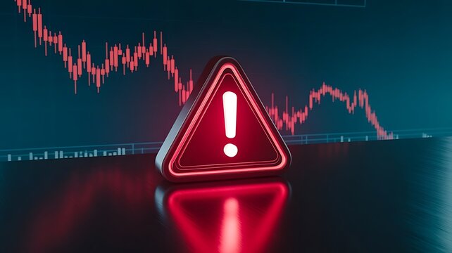 Red warning triangle with an exclamation mark placed in front of a falling stock market chart representing financial crisis and economic risk