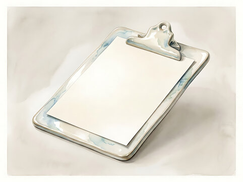 An empty white clipboard with a blank sheet of paper on a light background.