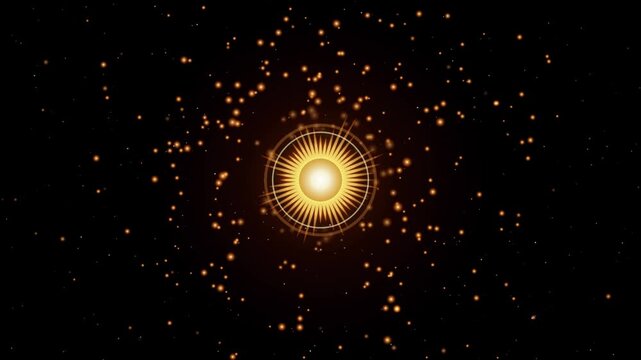 Golden radiant sunburst with floating particles motion background